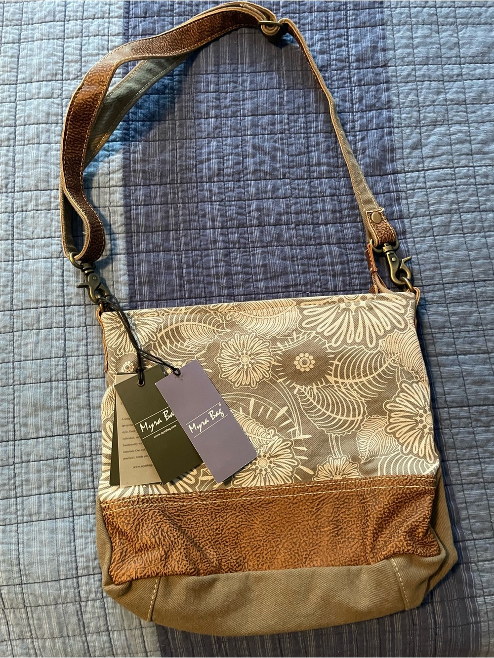 Myra Bag Beige Floral Canvas Crossbody with Brown Trim